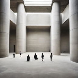 An extraordinarily large, captivating concrete gallery styled with avant-garde design, filled with tiny spectators engrossed in the artwork. The floor transforms into a beach, complete with sand, adding an unexpected surreal contrast. The architectural photography captures this unique blend.