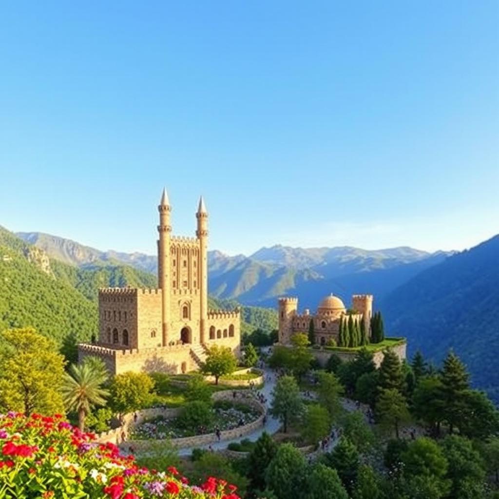 A breathtaking view of Mazandaran's historical castles, showcasing their magnificent architecture nestled amidst lush green mountains and vibrant landscapes