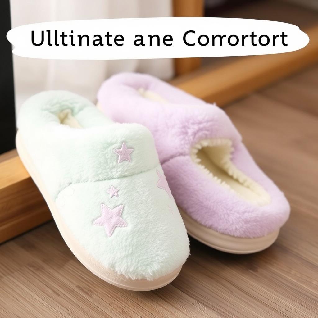 A cozy and stylish pair of slippers designed for ultimate comfort, featuring soft, plush material with a cute, whimsical design