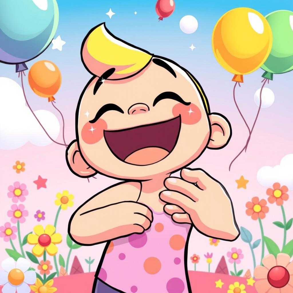 A playful and whimsical scene featuring a bright and colorful cartoon-style illustration of a cheerful character laughing joyfully while being tickled under their armpit