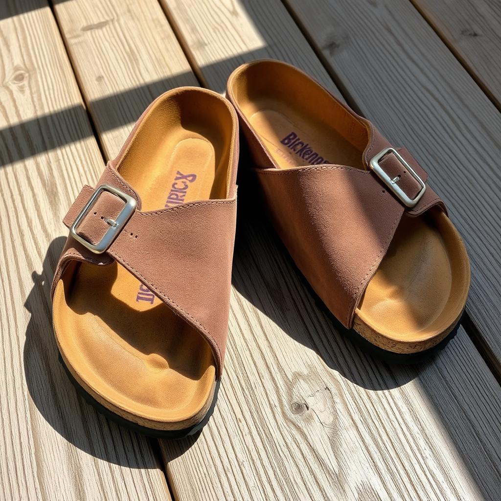 A pair of stylish Birkenstock sandals, featuring the iconic cork footbed, and soft suede straps