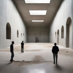 An extraordinarily large, captivating concrete gallery styled with avant-garde design, filled with tiny spectators engrossed in the artwork. The floor transforms into a beach, complete with sand, adding an unexpected surreal contrast. The architectural photography captures this unique blend.