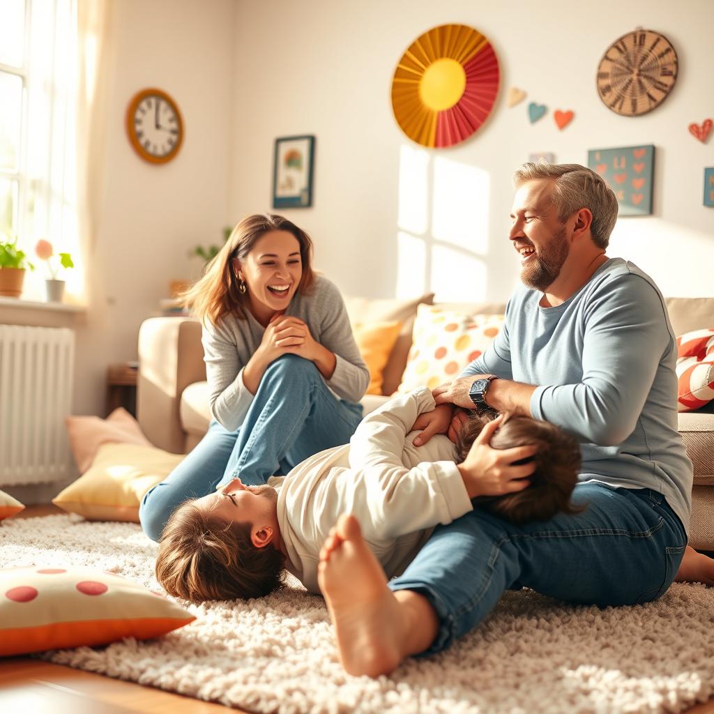 A playful and dynamic scene depicting a tickling match in a cozy living room setting
