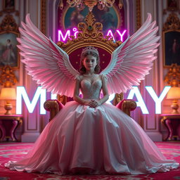 A beautiful girl with wings, elegantly dressed in a stunning gown, sitting on a queen's throne in a gorgeous room