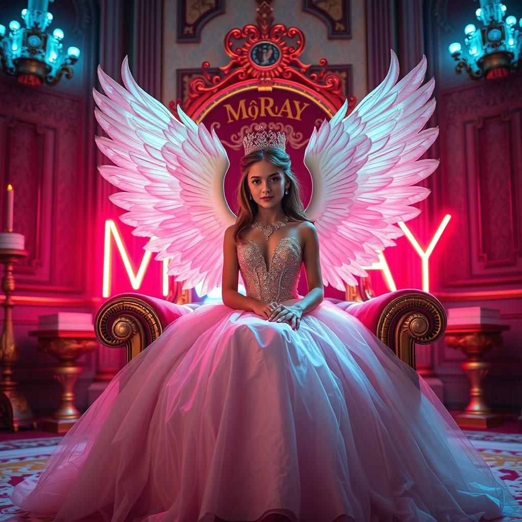 A beautiful girl with wings, elegantly dressed in a stunning gown, sitting on a queen's throne in a gorgeous room