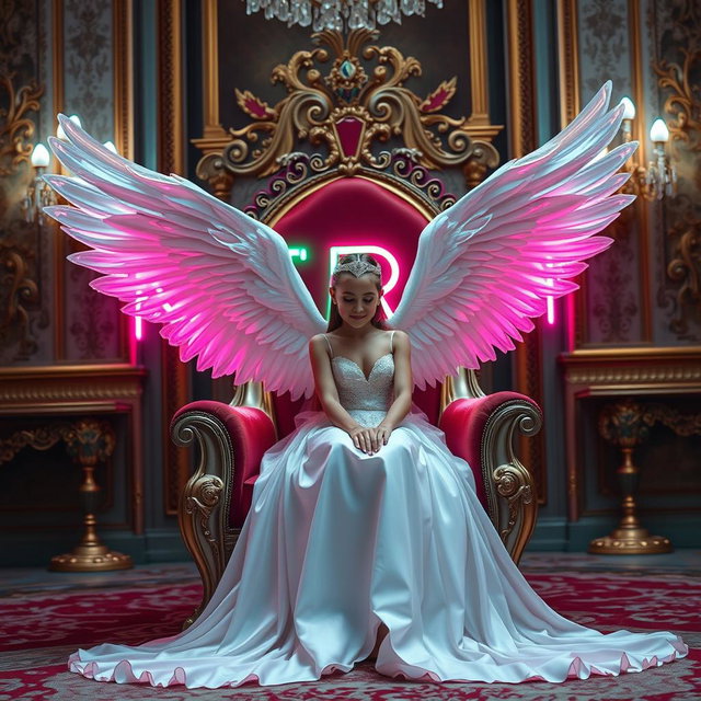 A beautiful girl with wings, elegantly dressed in a stunning gown, sitting on a queen's throne in a gorgeous room