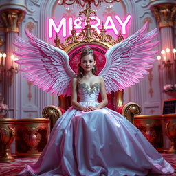 A beautiful girl with wings, elegantly dressed in a stunning gown, sitting on a queen's throne in a gorgeous room