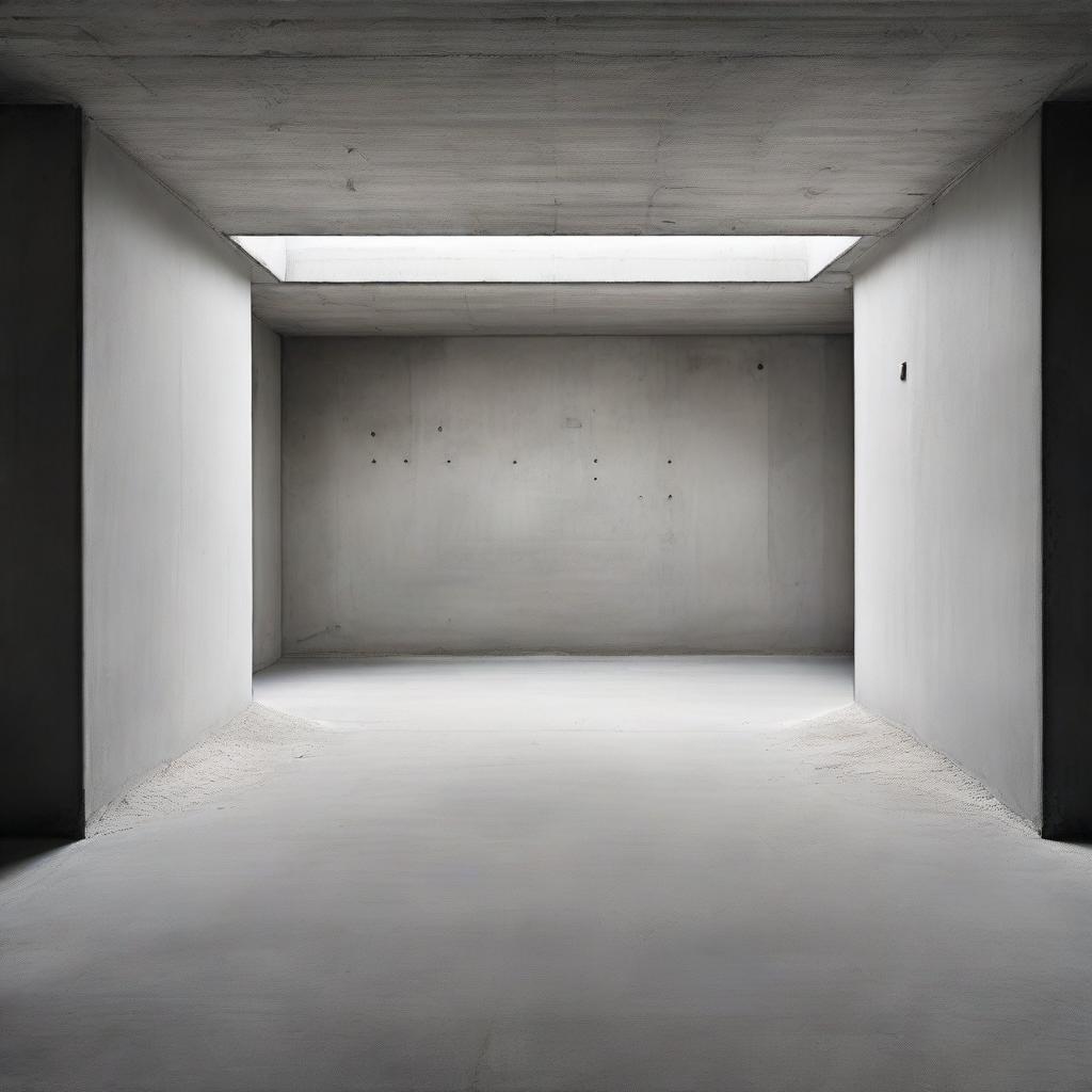 An extraordinarily large, captivating concrete gallery styled with avant-garde design, filled with tiny spectators engrossed in the artwork. The floor transforms into a beach, complete with sand, adding an unexpected surreal contrast. The architectural photography captures this unique blend.