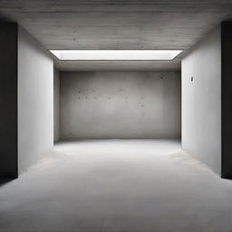 An extraordinarily large, captivating concrete gallery styled with avant-garde design, filled with tiny spectators engrossed in the artwork. The floor transforms into a beach, complete with sand, adding an unexpected surreal contrast. The architectural photography captures this unique blend.