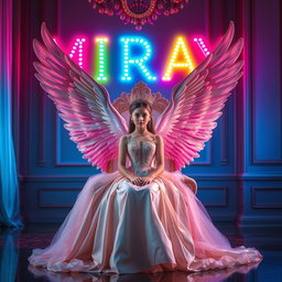 In a beautiful room, a stunning girl dressed in an elegant gown with a crown is sitting on a queen's throne