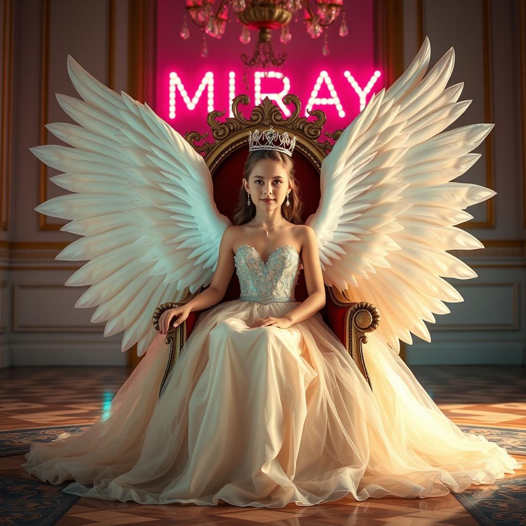 In a beautiful room, a stunning girl dressed in an elegant gown with a crown is sitting on a queen's throne