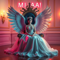 In a beautiful room, a stunning girl dressed in an elegant gown with a crown is sitting on a queen's throne
