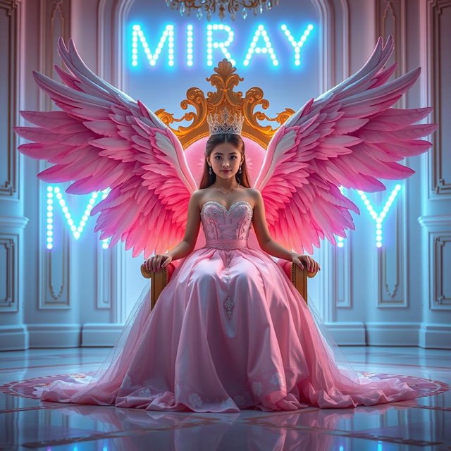 In a beautiful room, a stunning girl dressed in an elegant gown with a crown is sitting on a queen's throne