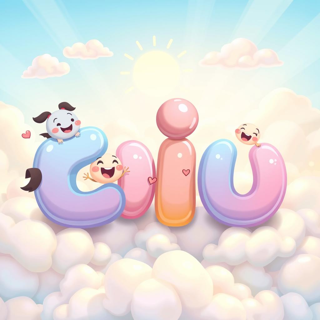 A whimsical representation of the word 'قلقلك', illustrated as playful, colorful letters surrounded by soft, fluffy clouds and cheerful cartoonish characters