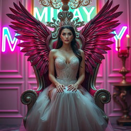 A stunning woman seated on a queen's throne in a beautiful room, wearing an elegant dress and a crown
