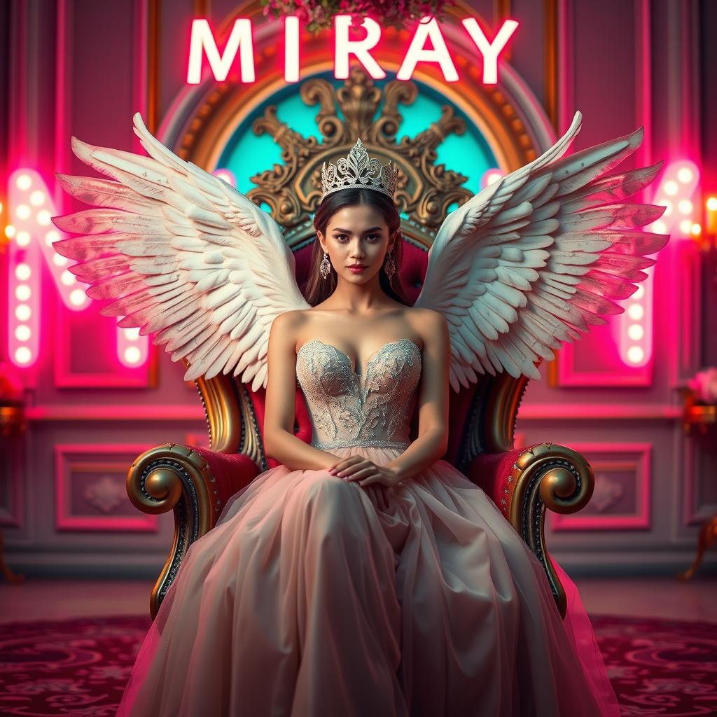 A stunning woman seated on a queen's throne in a beautiful room, wearing an elegant dress and a crown