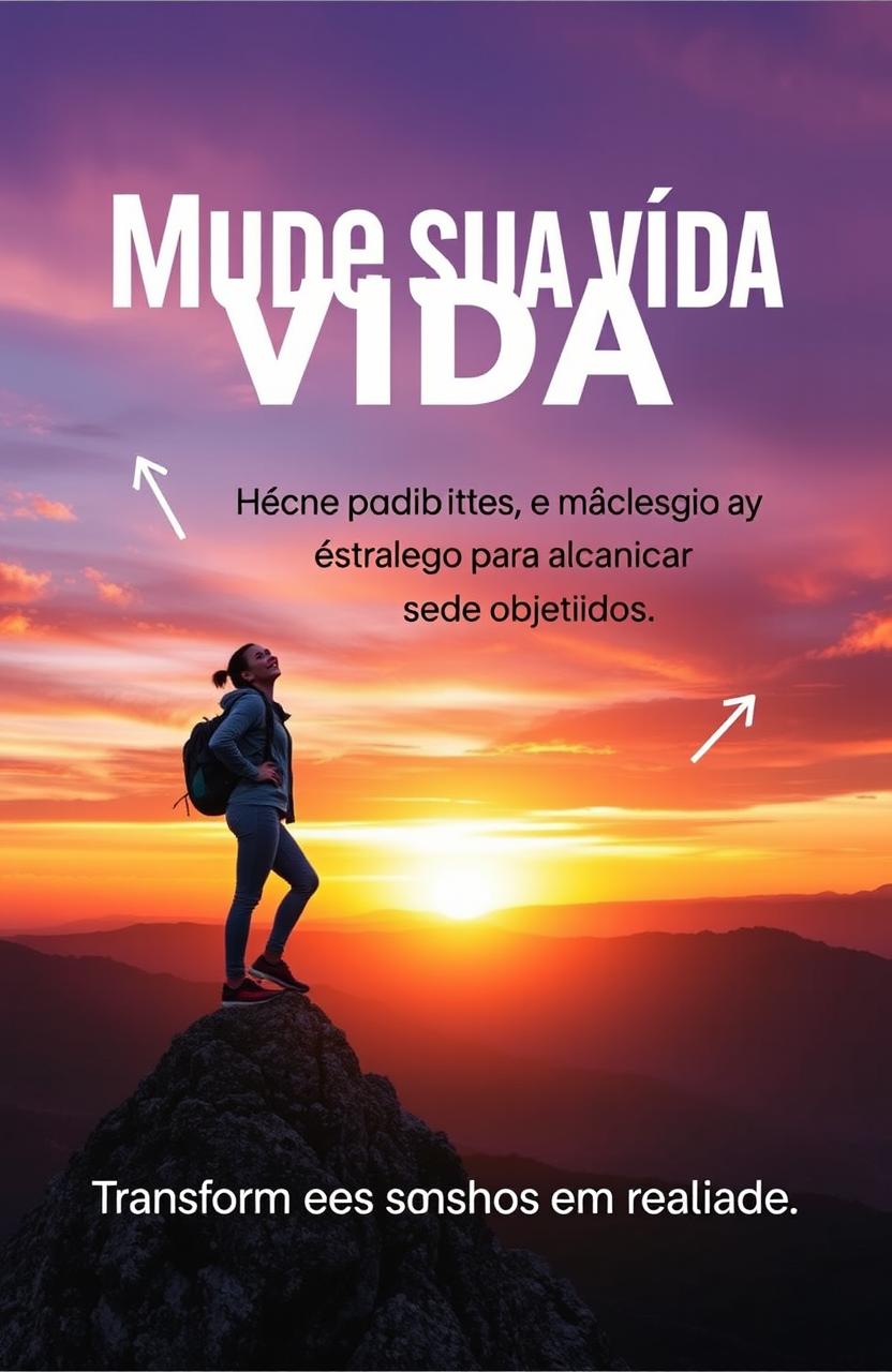 A motivational and inspiring cover for a self-help book titled 'Mude sua vida: Hábitos e estratégias para alcançar objetivos'