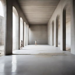 An extraordinarily large, captivating concrete gallery styled with avant-garde design, filled with tiny spectators engrossed in the artwork. The floor transforms into a beach, complete with sand, adding an unexpected surreal contrast. The architectural photography captures this unique blend.