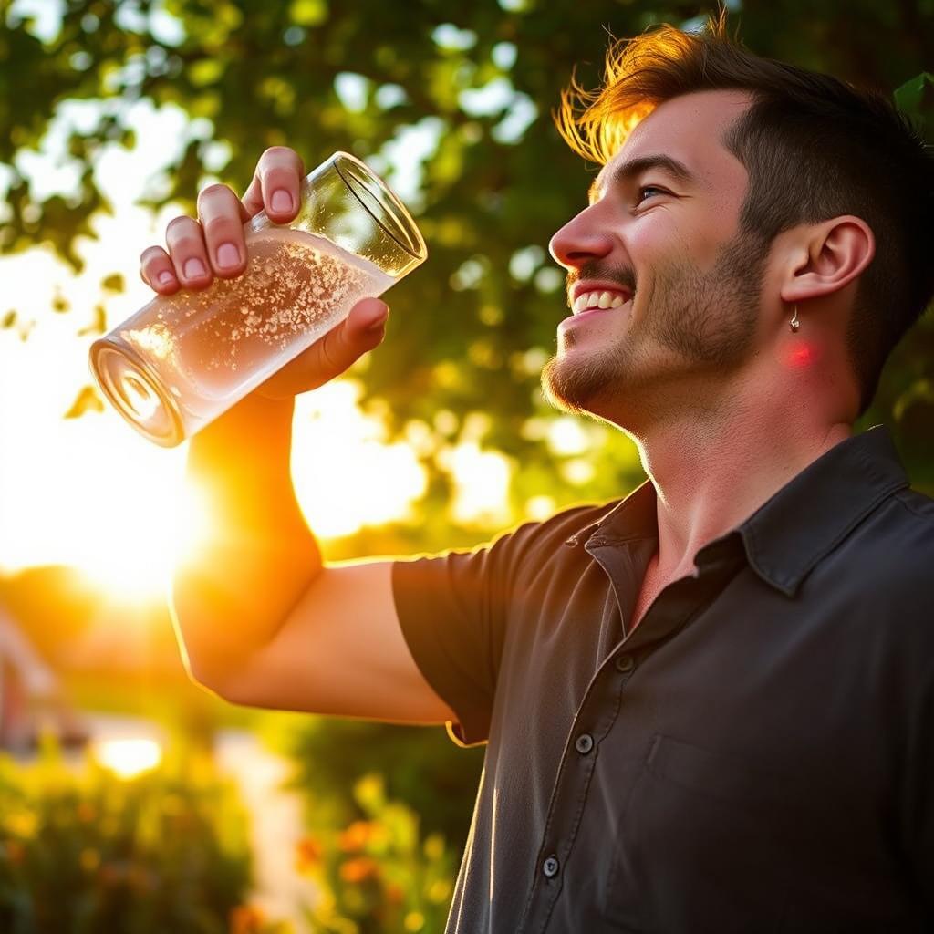 A man enjoying a refreshing drink, standing outdoors
