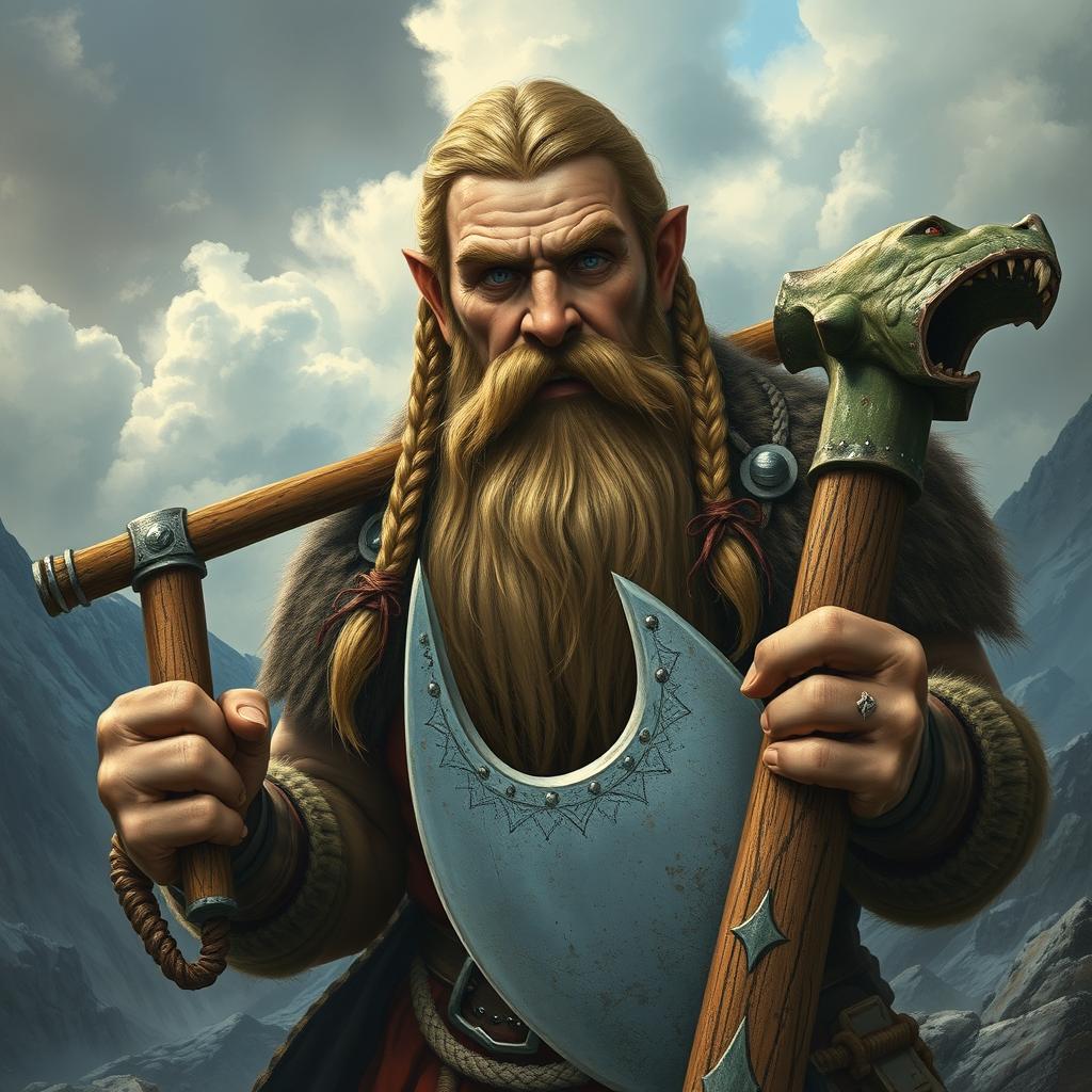 A 120-year-old dwarf with medium-length hair styled in Viking braids, proudly holding the severed head of an orc in one hand and a battle axe in the other