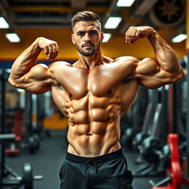 A muscular bodybuilder standing tall at 185 cm, showcasing an impressive physique with defined muscles and an additional ten kilos of muscle mass