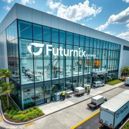 A large, modern manufacturing building for an eyewear company named Futurnix