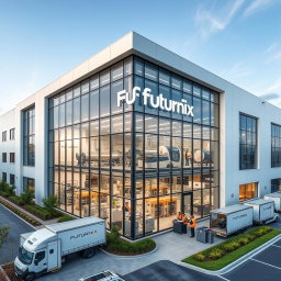 A large, modern manufacturing building for an eyewear company named Futurnix