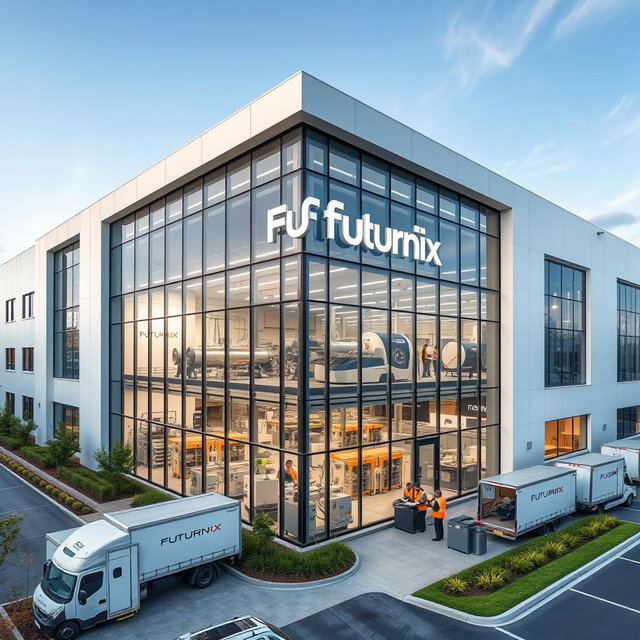 A large, modern manufacturing building for an eyewear company named Futurnix