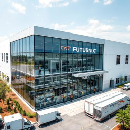 A large, modern manufacturing building for an eyewear company named Futurnix