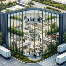 A large, modern manufacturing building for an eyewear company named Futurnix