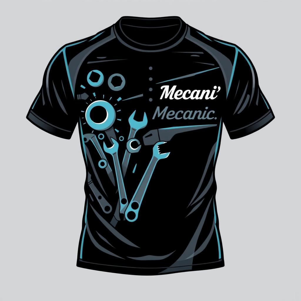 A sporty shirt design primarily in shades of black and gray, featuring artistic details that resemble the shadows of engine cylinders, wrenches, and combination wrenches