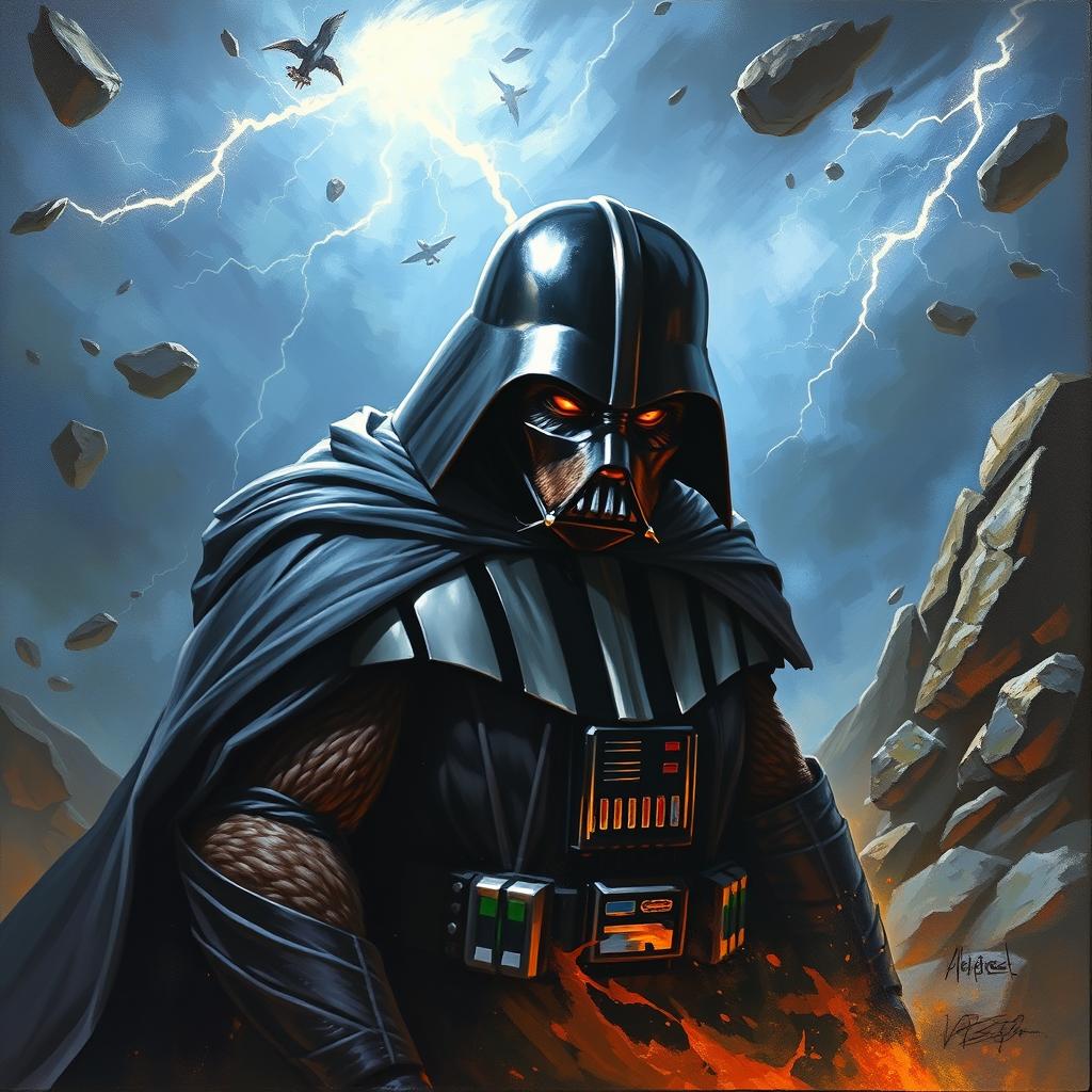 A fantasy painting of a human-like bear styled as Darth Vader, exuding an aura of anger and intensity