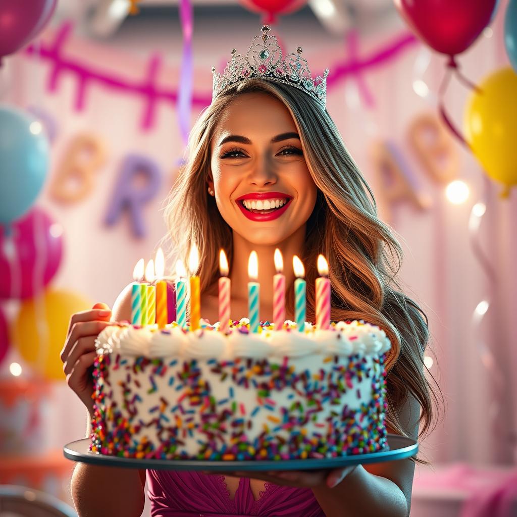 A stunning, photorealistic image of a beautiful woman in a tiara joyfully holding up a colorful birthday cake with candles