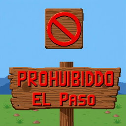 A pixel art representation of a wooden sign saying 'Cartel Prohibido El Paso' in bright red lettering