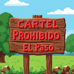 A pixel art representation of a wooden sign saying 'Cartel Prohibido El Paso' in bright red lettering