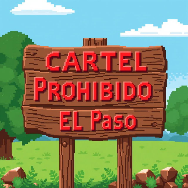 A pixel art representation of a wooden sign saying 'Cartel Prohibido El Paso' in bright red lettering