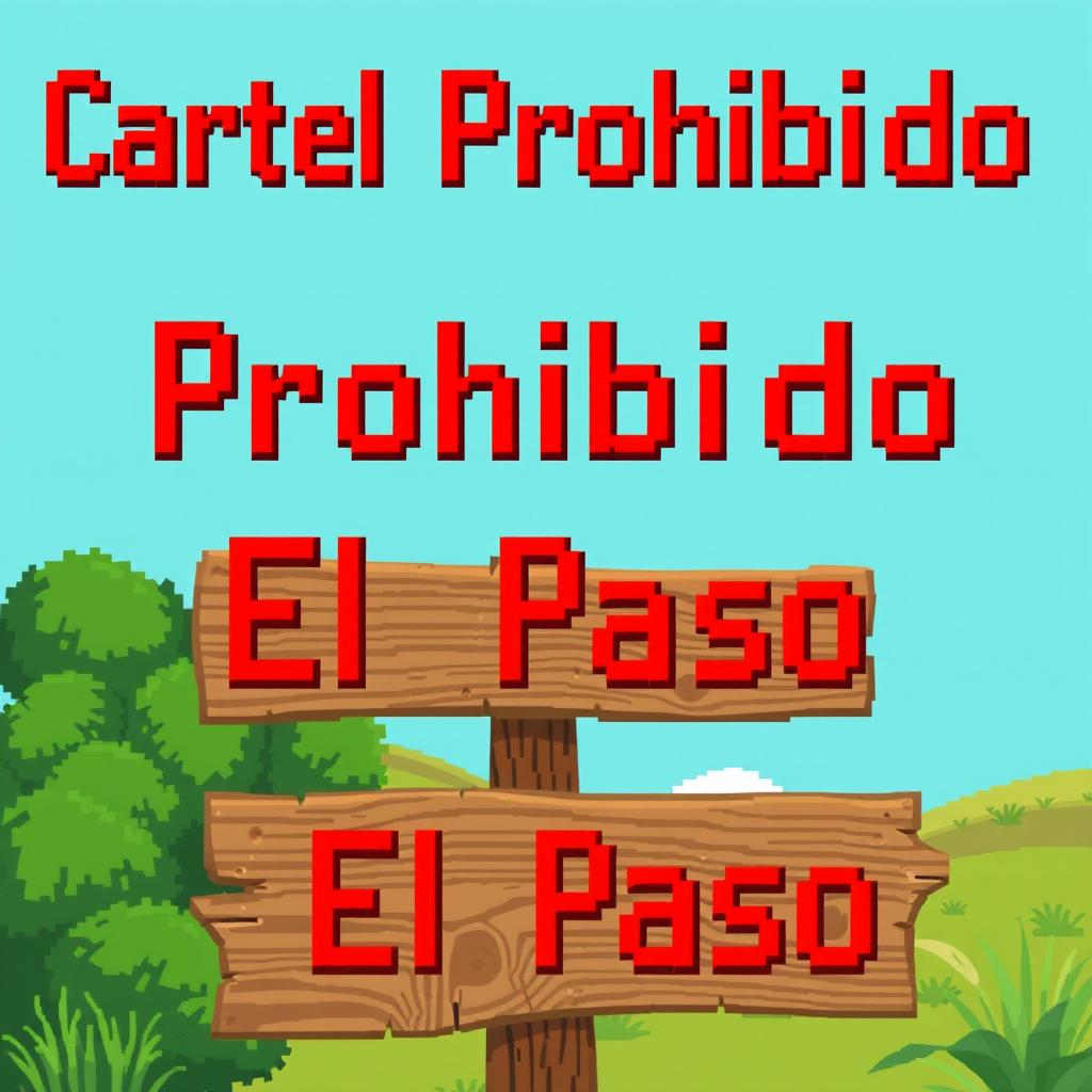 A pixel art representation of a wooden sign saying 'Cartel Prohibido El Paso' in bright red lettering