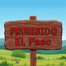 A pixel art representation of a wooden sign saying 'Cartel Prohibido El Paso' in bright red lettering