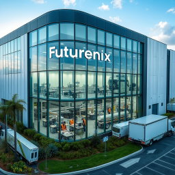 A large, modern manufacturing building for an eyewear company named Futurenix