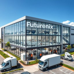 A large, modern manufacturing building for an eyewear company named Futurenix