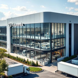 A large, modern manufacturing building for an eyewear company named Futurenix