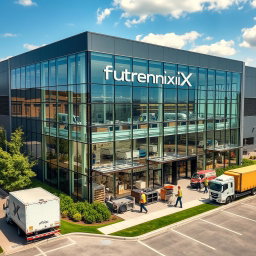 A large, modern manufacturing building for an eyewear company named Futurenix
