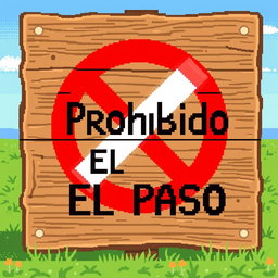 A pixel art representation of a "Prohibido El Paso" (No Entry) sign made of wood