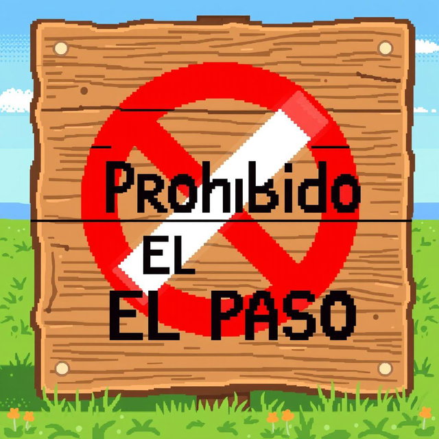 A pixel art representation of a "Prohibido El Paso" (No Entry) sign made of wood