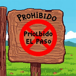 A pixel art representation of a "Prohibido El Paso" (No Entry) sign made of wood