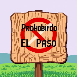 A pixel art representation of a "Prohibido El Paso" (No Entry) sign made of wood
