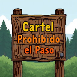 A pixel art illustration of a wooden sign that reads 'Cartel Prohibido el Paso', meaning 'No Trespassing Sign' in Spanish