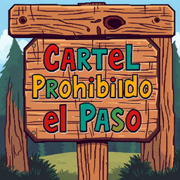 A pixel art illustration of a wooden sign that reads 'Cartel Prohibido el Paso', meaning 'No Trespassing Sign' in Spanish