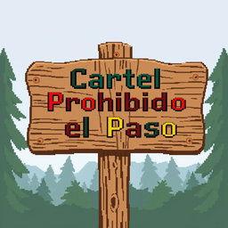 A pixel art illustration of a wooden sign that reads 'Cartel Prohibido el Paso', meaning 'No Trespassing Sign' in Spanish
