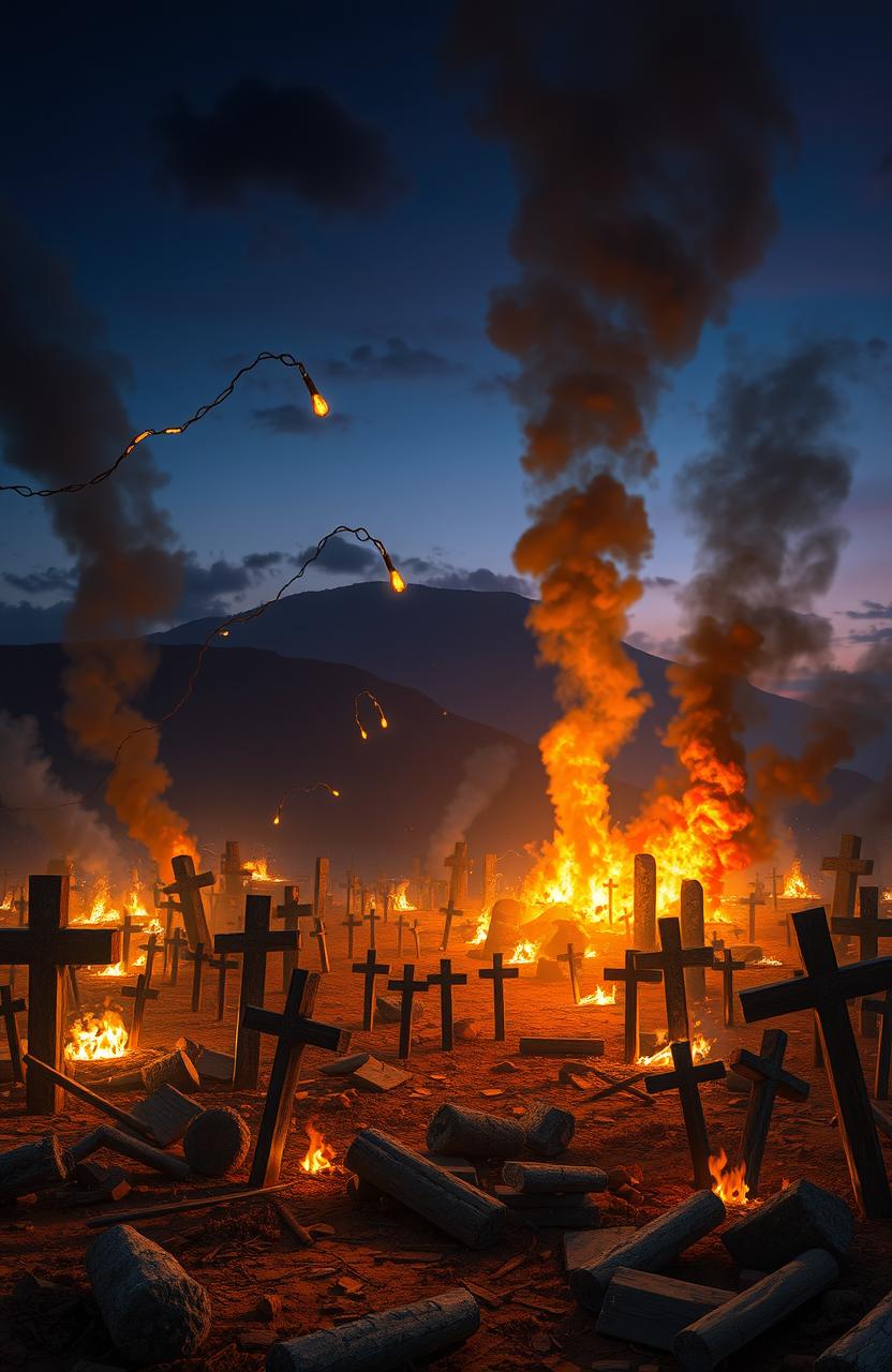 A dramatic depiction of the destruction of the Kingdom of Axum, showcasing Christian crosses scattered throughout the scene, alongside ancient stone stelae